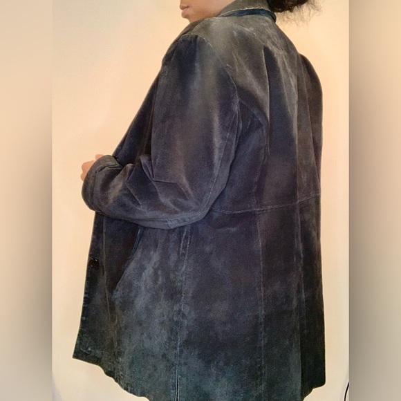 (r)elativity Vintage 90s Genuine Suede Black Leather Mid Length Button Down Coat - Picture 3 of 10